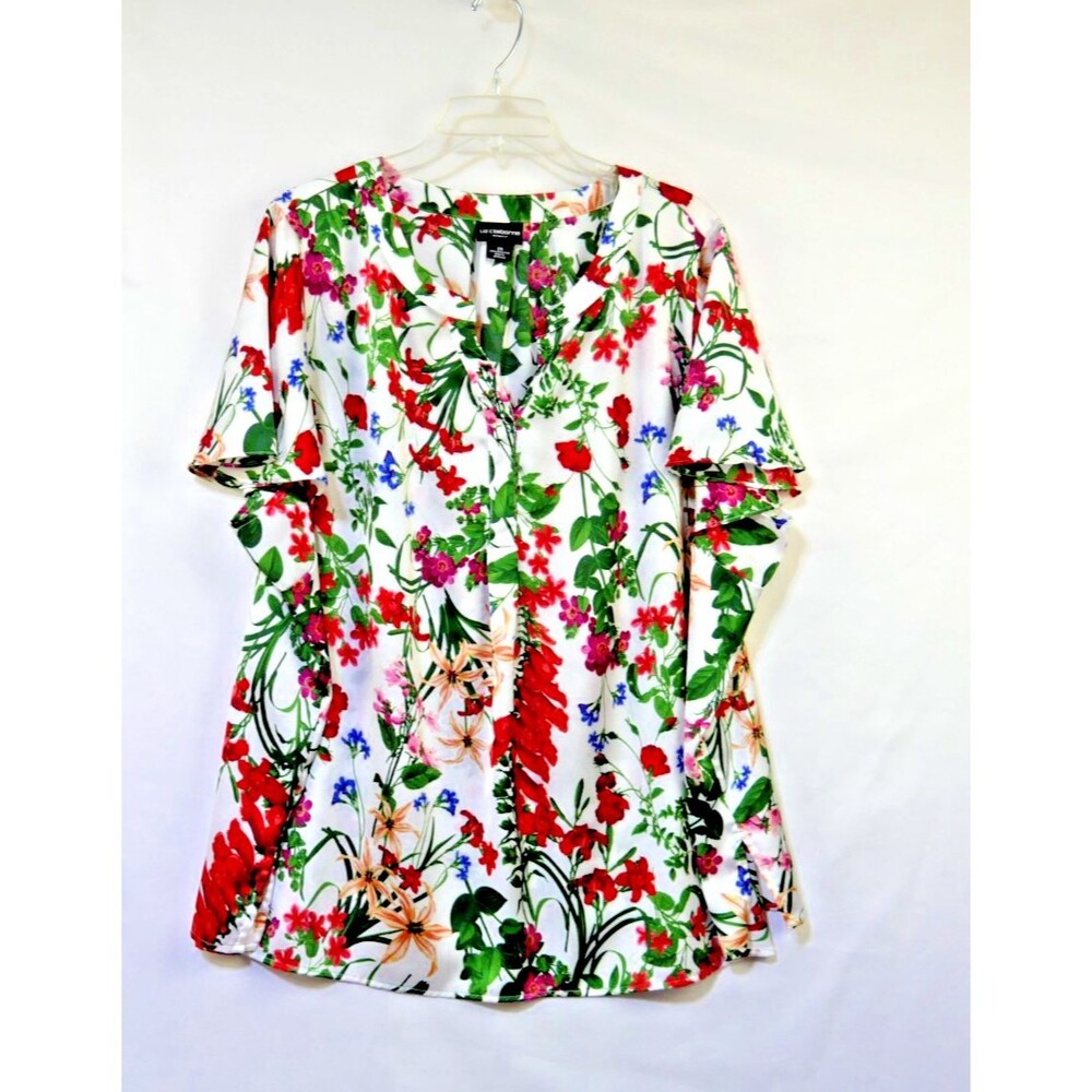 LIZ CLAIBORNE Size 2X White Red & Green Floral Print Chiffon Flutter Sleeve Top